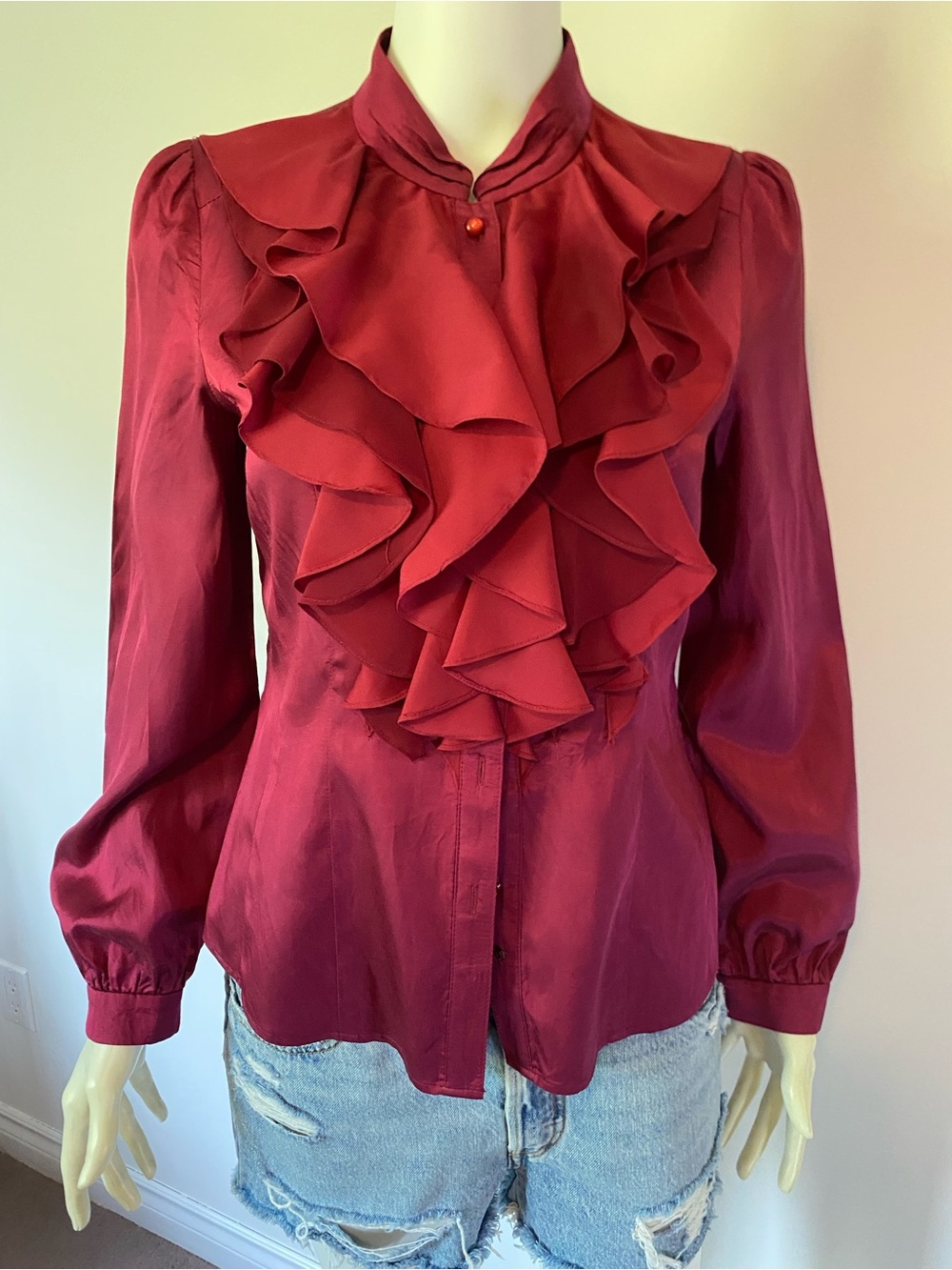 Atmark Deep Burgundy Ruffled Satin Blouse